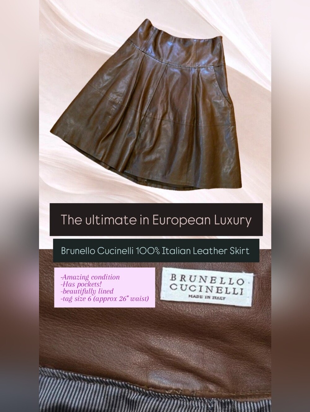 Brunello Cucinelli Gunex Leather Pleated Skirt Tiger's Eye Zipper Pull Italy 6